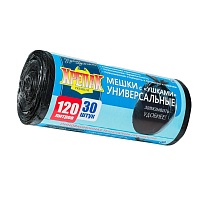 Мешки для мусора 120 л, с ушками, черные, в рулоне 30 шт., ПНД, 15 мкм, 1100х700 мм, Крепак, 4607075710375 в Коломне